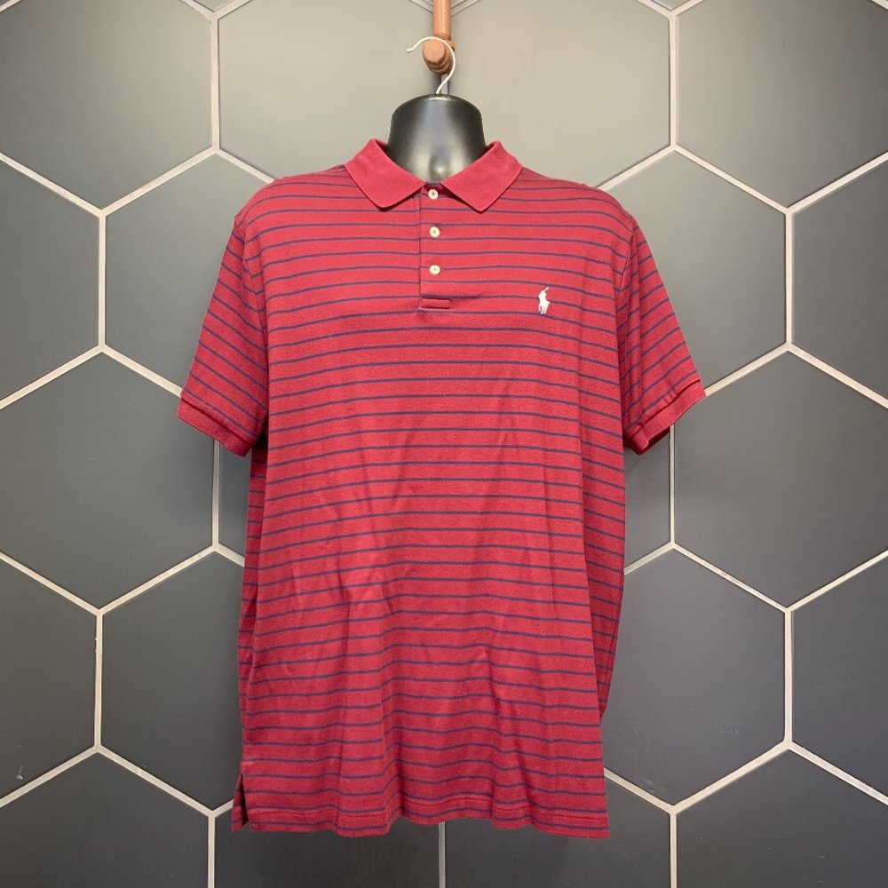 -Used! Mens Ralph Lauren Polo Slim Fit Maroon Striped Short Sleeve Size XL